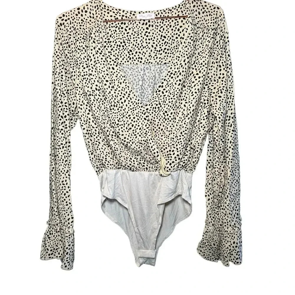 Pink Lily Women's Cream & Black Animal Print One Piece Bodysuit Size Medium